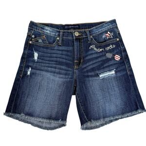 Patriotic Freedom Rocks Dark Denim Jean Cutoff Shorts USA July 4 Flag Sz 10 EUC